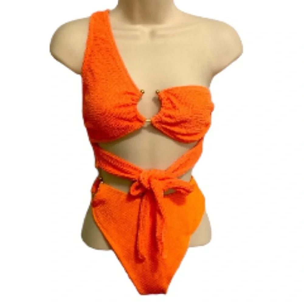 NASTY GAL Crinkle Sexy Cut Ring One Shoulder Bikini Orange Women Size 12